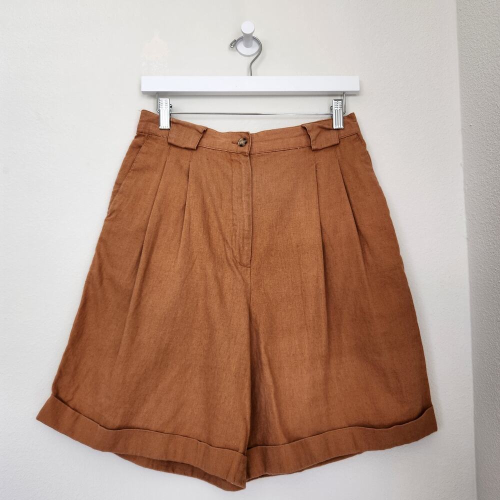Vintage 90s Rust Orange Linen High Waisted Pleated Mom Shorts Rafaella S - Picture 7 of 11